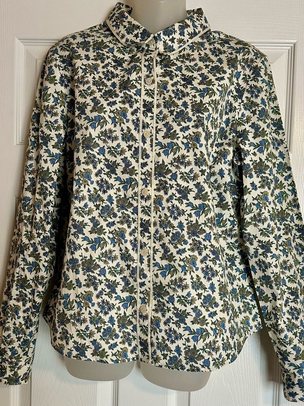 Liz Claiborne Cream Floral Button down top with Blue and Green Floral Accents